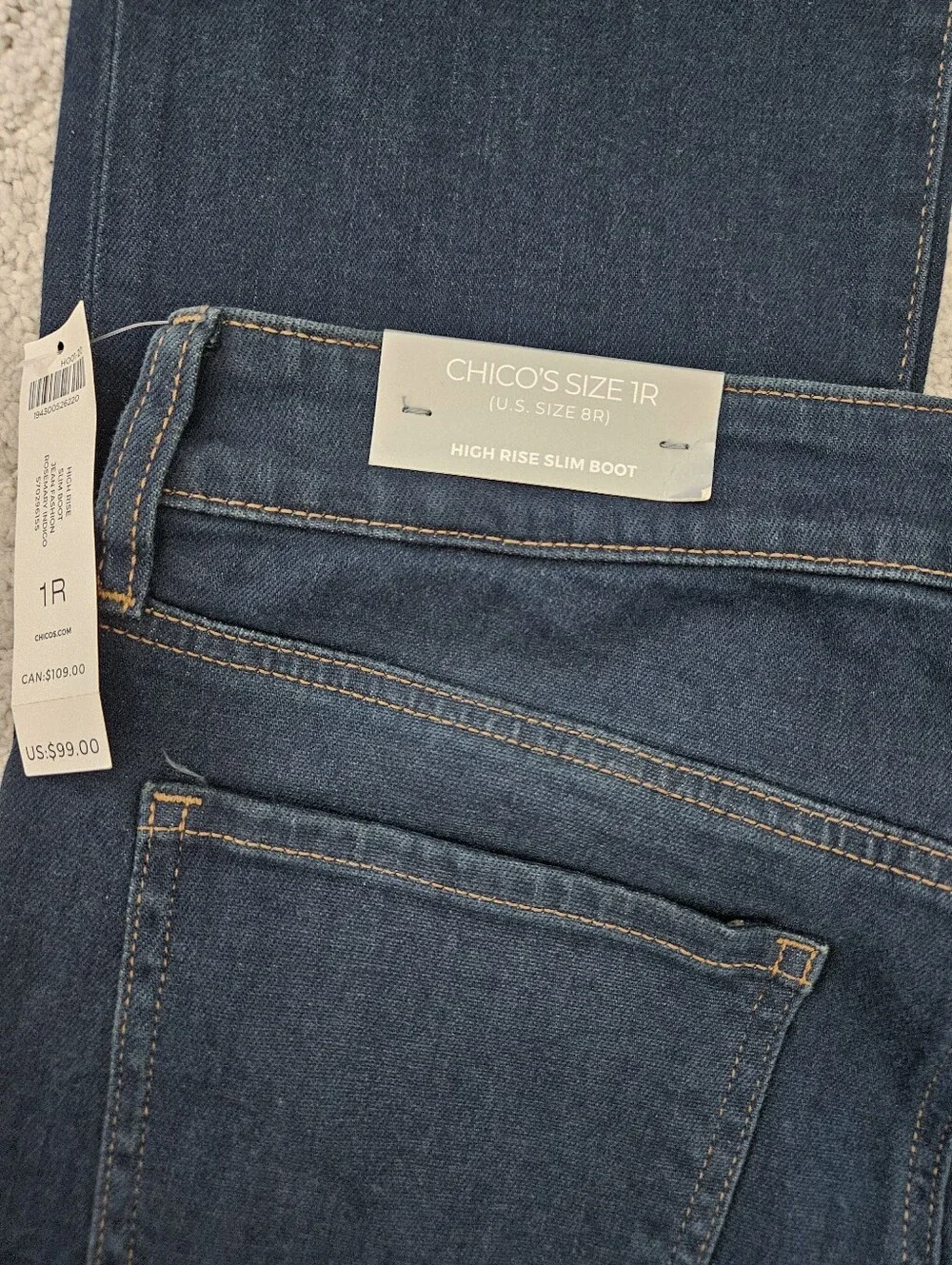 NWT Chicos High Rise Slim Boot Cut Stretch Jeans Rosemary Indigo Womens 8R / 1R
